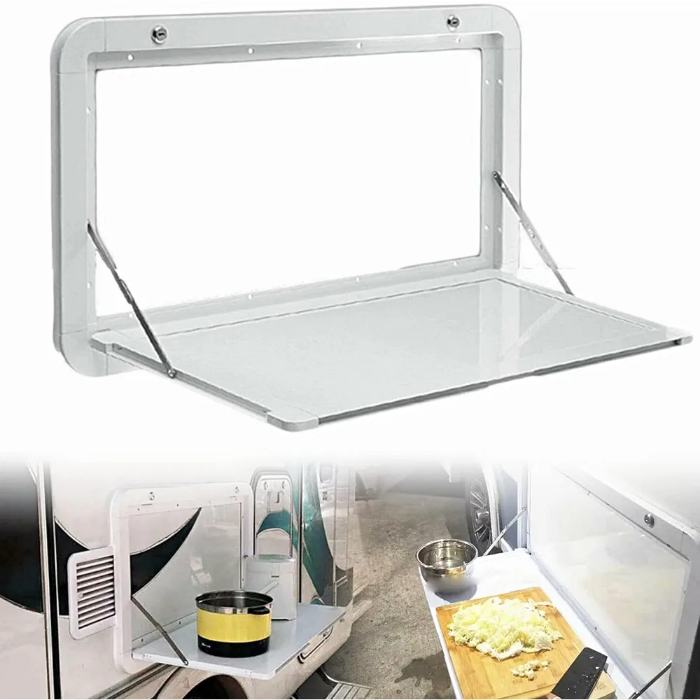 طاولة قابلة للطي مثبتة على الحائط باللون الأبيض، مكتب قافلة RV قابل للطي للأسفل، رف مكتب عائم لمقطورة فان التخييم، خارجي RV