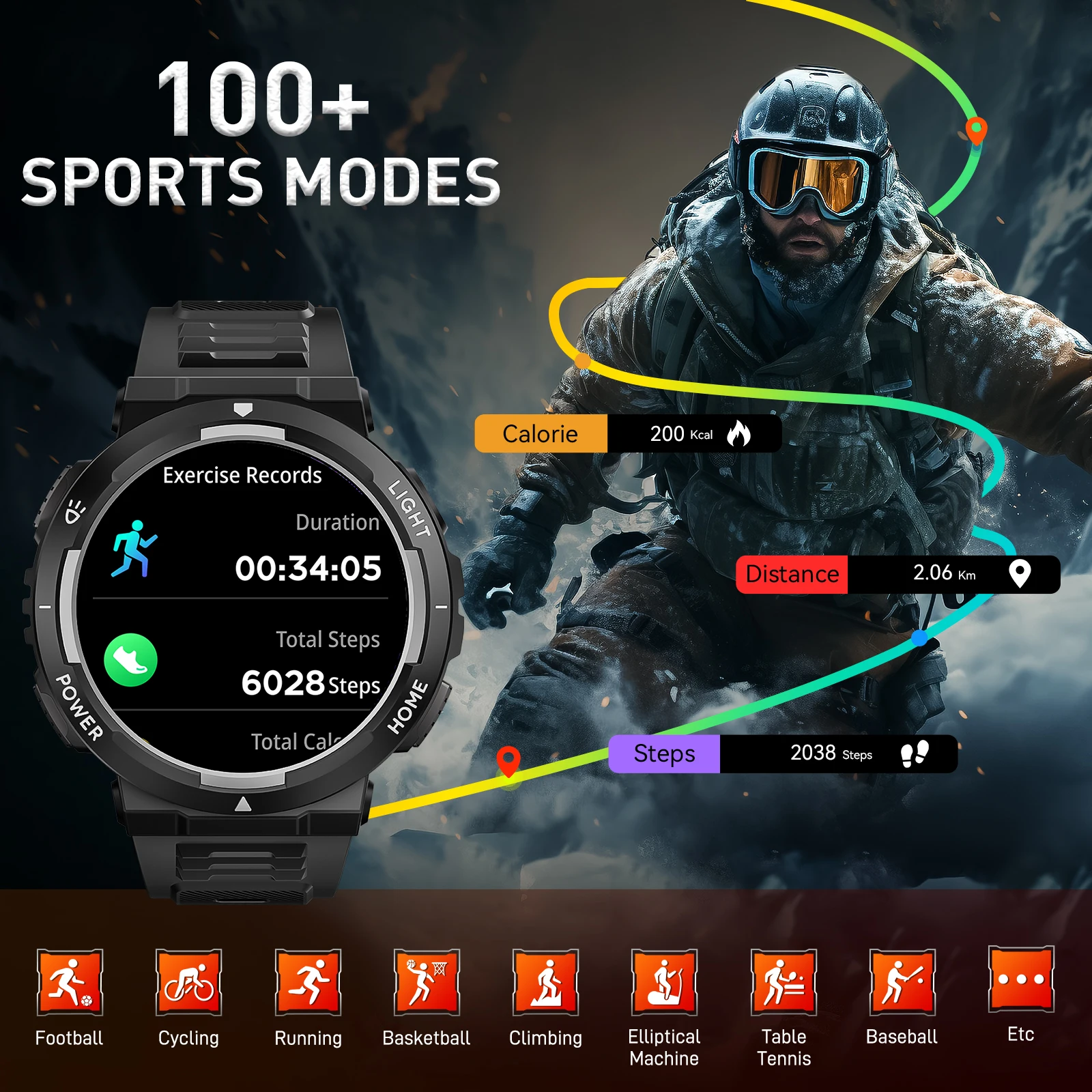 JELLOO 2025 ساعة ذكية للرجال مع مصباح ليد جيب 400 مللي أمبير بطارية كبيرة في الهواء الطلق التكتيكية ساعة ذكية معدل ضربات القلب النوم مراقب