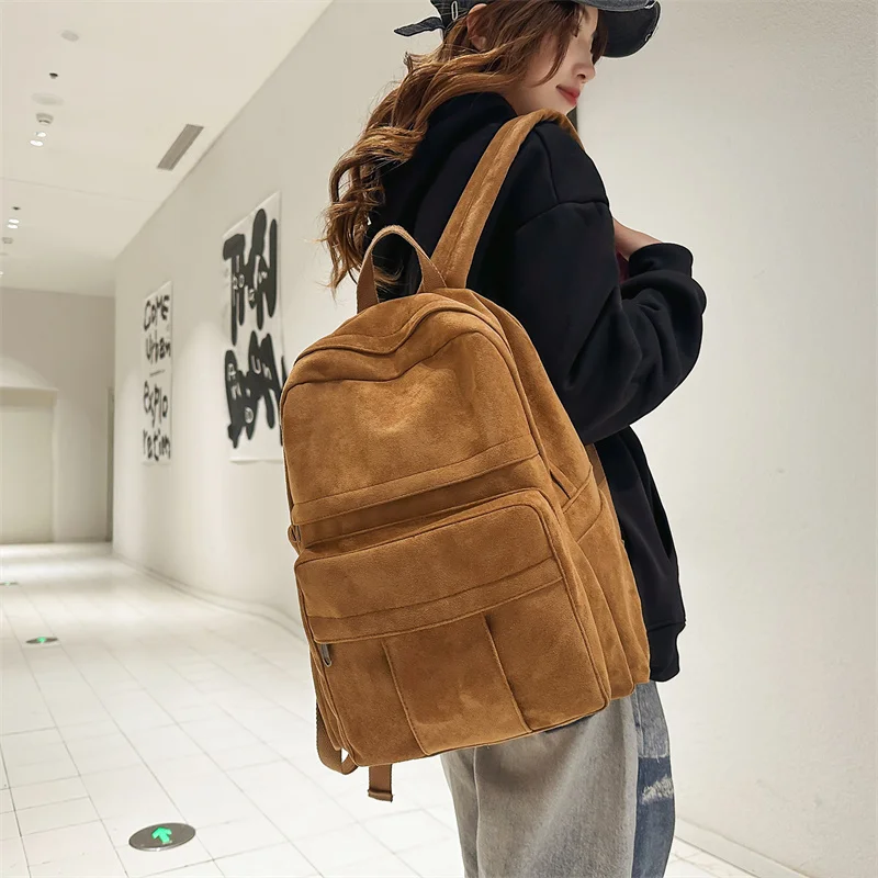 Vintage Suede Backpack Men Women Large Capacity School Bag Multi‑pocket Casual Travel Rucksack for Students Travel Daypack