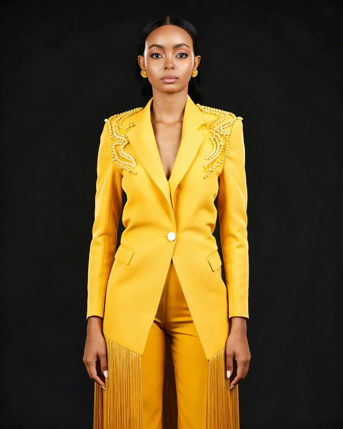 Yellow Tassel Long Women Blazer Suits Plus Size 2 Pieces Slim Fit Beads Mother Suits Customized Party Evening Outfit view 5