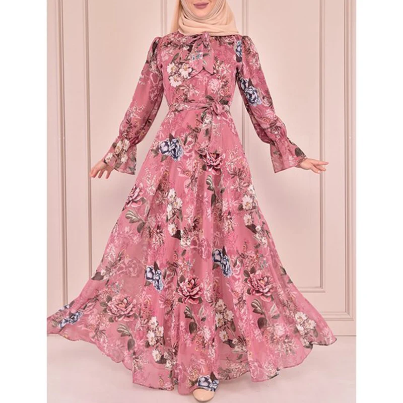 Muslim Africa Dresses For Women 2022 Bow Collar Abayas Floral Printed Micro Flare Sleeve Boho Long Robe Chiffon Temperament