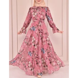 Muslim Africa Dresses For Women 2022 Bow Collar Abayas Floral Printed Micro Flare Sleeve Boho Long Robe Chiffon Temperament