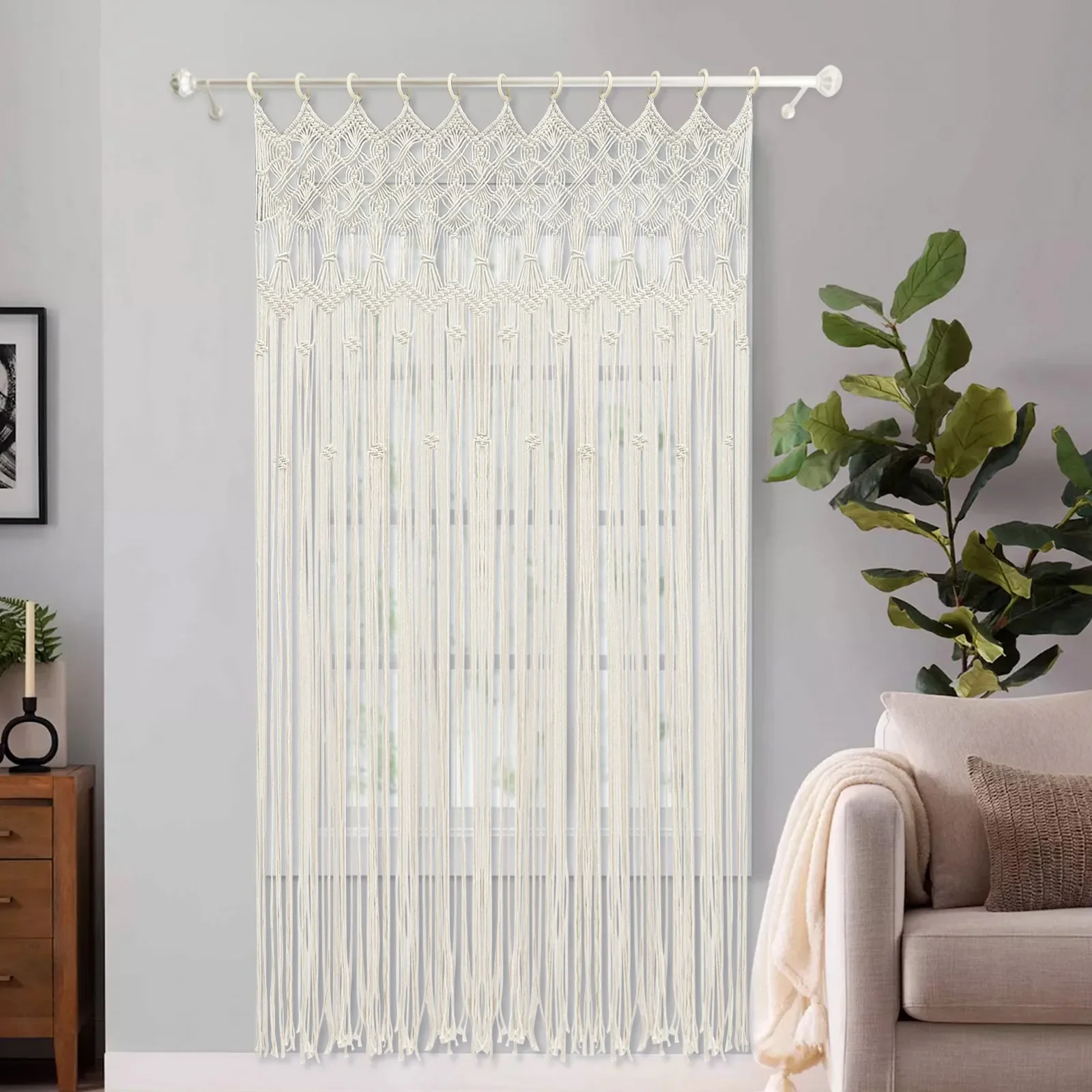 

Bohemian Woven Cotton Curtain with Wood Rings, White Yarn Doorway Window Drape, 120x195cm Long Decorative Panel for Backdrop