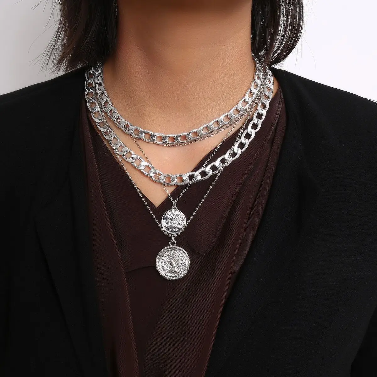 INS Vintage Portrait Coin Necklace For Women Unisex Trendy Gothic Multilayer Clavicle Chain Jewelry Steetwear Party Friends Gift
