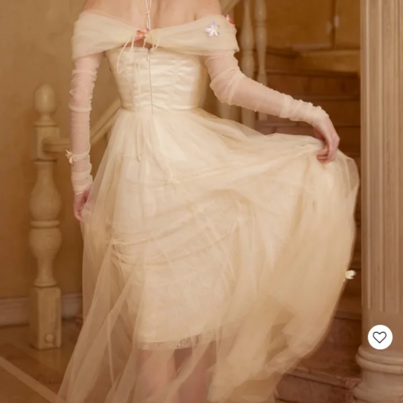 Embroidered Applique Party Dress With Shoulder Long Sleeves Formal Occasion Party Dress With Pleated Floor-Length Ball Dress