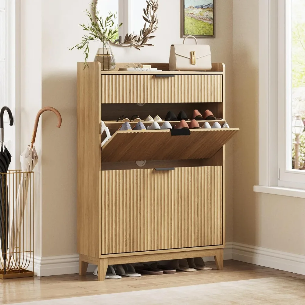 Freestanding Shoe Cabinet with 2 Flip Drawers and Adjustable Shelf for Shoe Storage