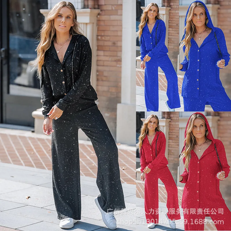 

2 Piece Outfits Casual Glitter Long Sleeve Textured Button Down Shirt Pants Sets Streetwear Loungewear Women 2pcs Clothing