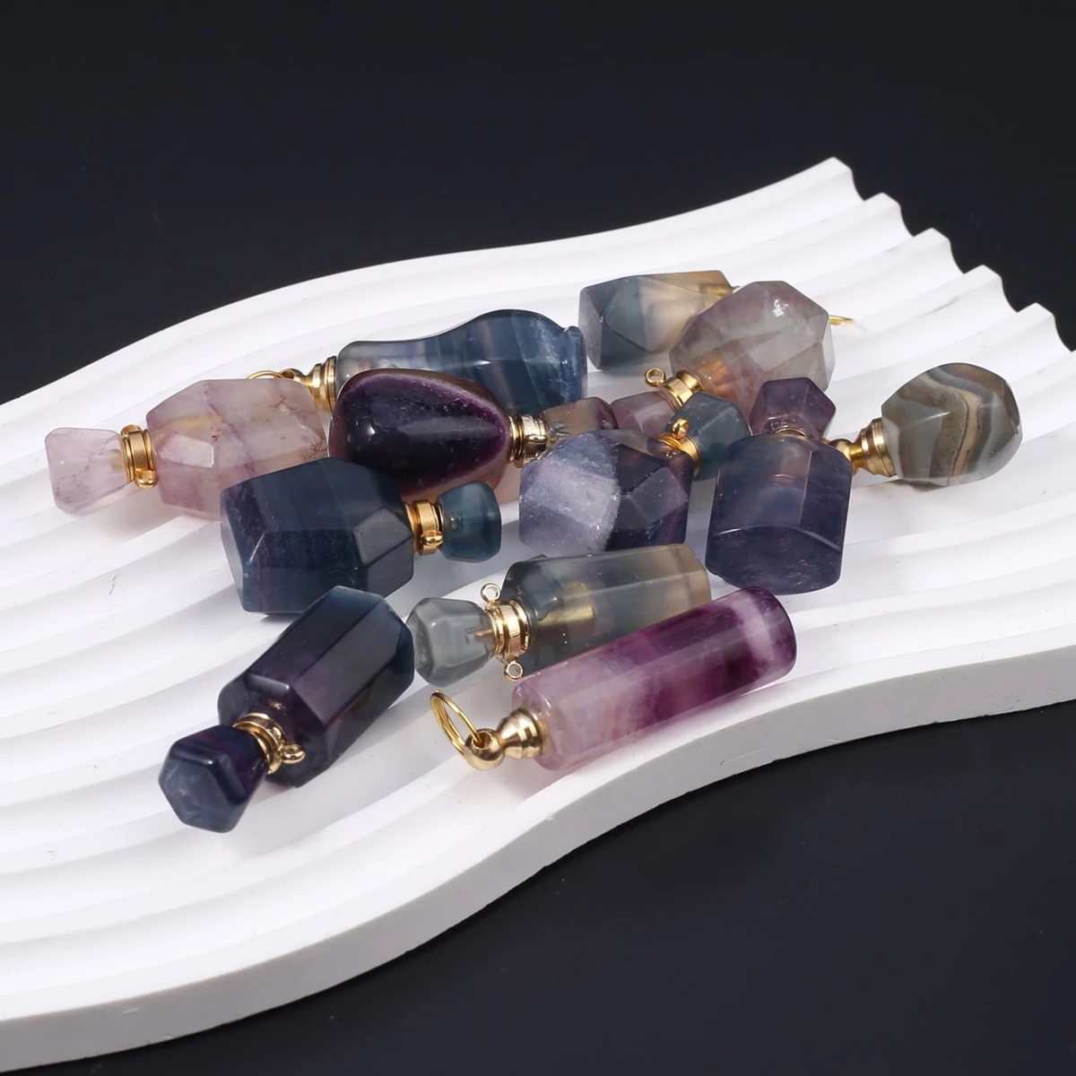 

2PCS Natural Stone Fluorite perfume Bottle Essential Oil Diffuser Pendant DIY Necklace Exquisite Gift for Women