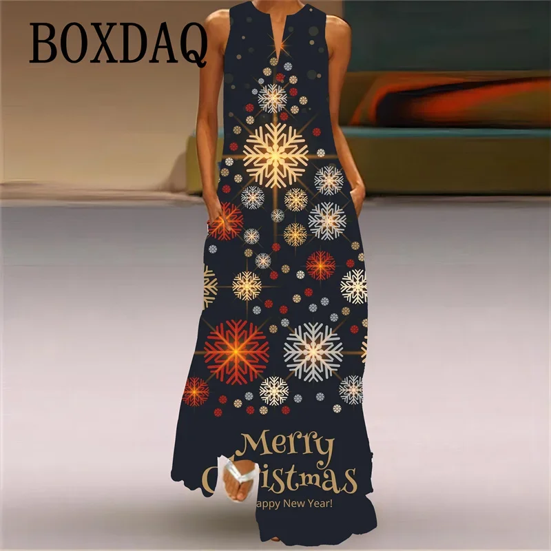 Elegant Women's Christmas Printed Pocket Long Dresses 2024 Fashion Casual Women Sleeveless V-neck Loose Large Size Robe Vestidos