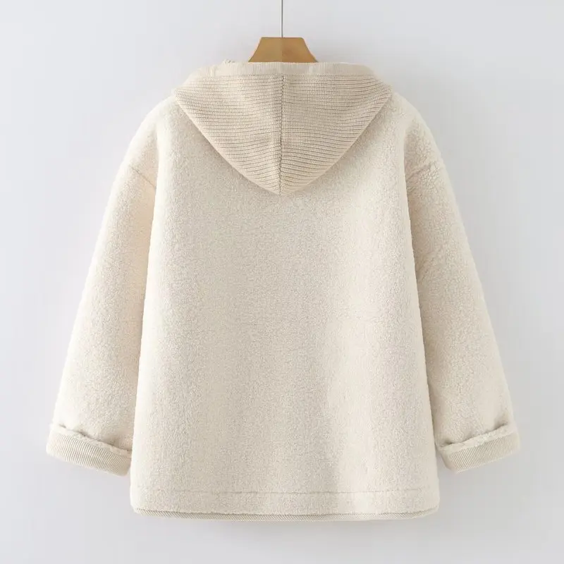 Nowa koszula zimowa z polaru jagnięcego na rok 2025, damska bluza z kapturem, zapinana na guziki, z kieszeniami, patchworkowa, moda Mori Girl, codzienna, ciepła, luźna odzież wierzchnia C5D425CC