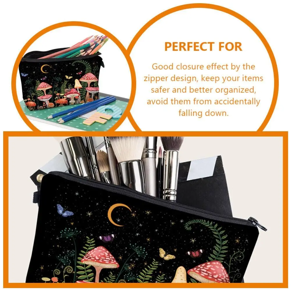 Portable Mushroom Print Cosmetic Bag Large Capacity Zipper Makeup Organizer Polyester Toiletry Bag