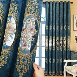 Luxury European Curtains for Living Room Velvet Curtain Hollow Embroidered Chenille Blackout Blue Brown Purple Window Cortinas