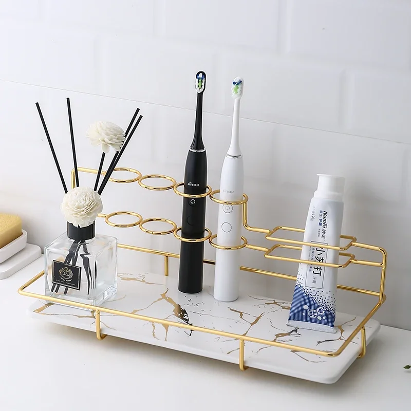 Marbling Rectangular Metal Rack Bathroom Electric Toothbrush Holder Shelf Desktop Cosmetic Storage Organizer Home Tray