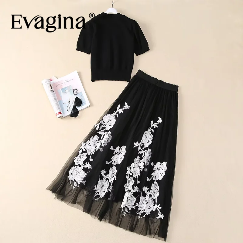 Evagina Summer Women's Suit Short-Sleeved Wool Knitted Fabric Tops+Pleated Skirt Embroidery Design Two Piece Set