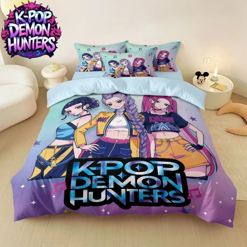 

Cool KPop Demon Hunters Mira Zoey Rumi Cute Creative Anime Pattern Soft Skin-Friendly Bed Sheet and Duvet Cover Four-Piece Set