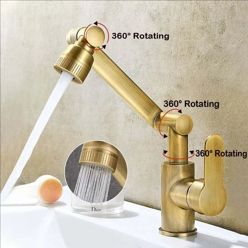 Antique Bathroom Brass Wash Basin Faucet Universal Kitchen Mixers Taps Hot Cold Household Dual Modes Rotating Bidet Robotic Arm