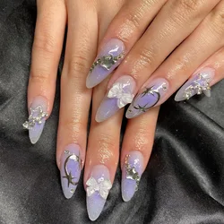 Wearable Silver Stripes Long Almond Nails Fake Y2k Nails Press On False Nails Stars Diamond Decoration Purple Nail Tips Finished