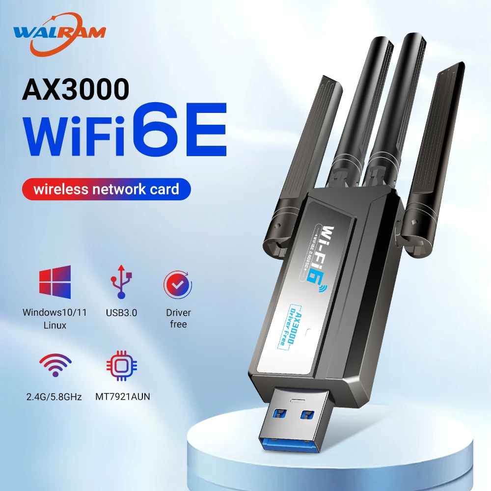 

WALRAM 3000Mbps WiFi 6E Wireless Network Card Dual Band 2.4G/5.8GHz USB 3.0 Receiver Dongle WiFi Adapter For Windows 10/11