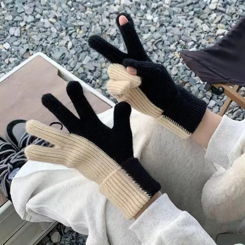 Knitting Gloves Women Simple Exposed Finger Designed Comfortable Touchable Screen Cozy Chic Patchwork Warm Thicken Trendy Ins