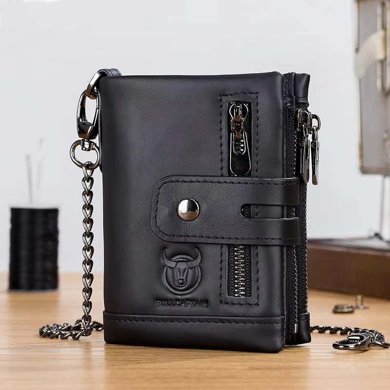Men Genuine Leather Wallet Business Multi-Function RFID Anti-theft Iron Chain Card Bag Comes With Coin Wallet