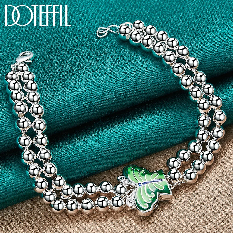 DOTEFFIL 925 Sterling Silver Green Butterfly Bracelet 6mm Smooth Bead Ball Chain For Woman Wedding Engagement Fashion Jewelry