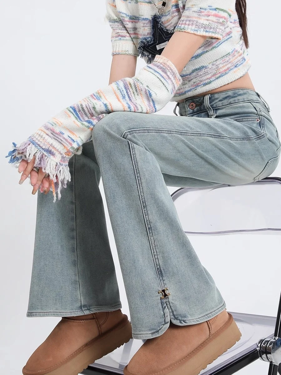 

Light Blue High Waist Stretchy Flared Jeans Women's Spring Fashion Slimming Long Leg Split Design Casual Straight Leg Trousers