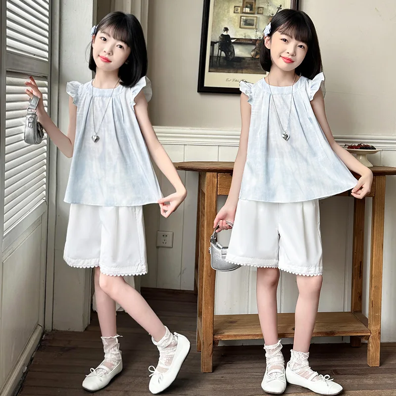 Kids Summer Suit for Girls Top with Shorts 2 Pieces Clothes Set with Lace Bottom Children Casual Tracksuit Clothing Suit