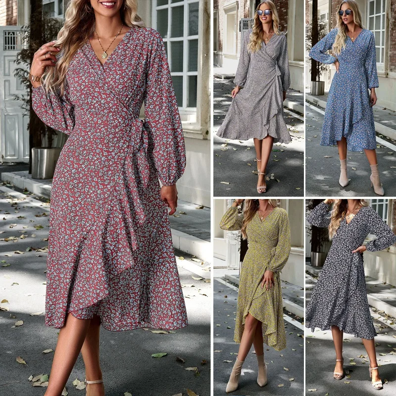 

DY-Floral Dress Women's Autumn and Winter Leisure Vacation Style Lace-up Large Swing Dress