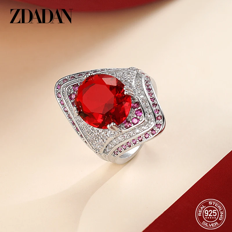 ZDADAN 925 Sterling Silver Ruby Ring For Women Zircon Finger Rings Fashion Jewelry Gifts