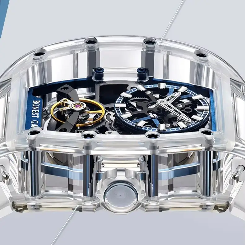 BONEST GATTI ساعة أوتوماتيكية للرجال 45 مللي متر Tonneau ساعة اليد الميكانيكية علبة أكريليك الياقوت مضيئة الهيكل العظمي الهاتفي فلوروروبر