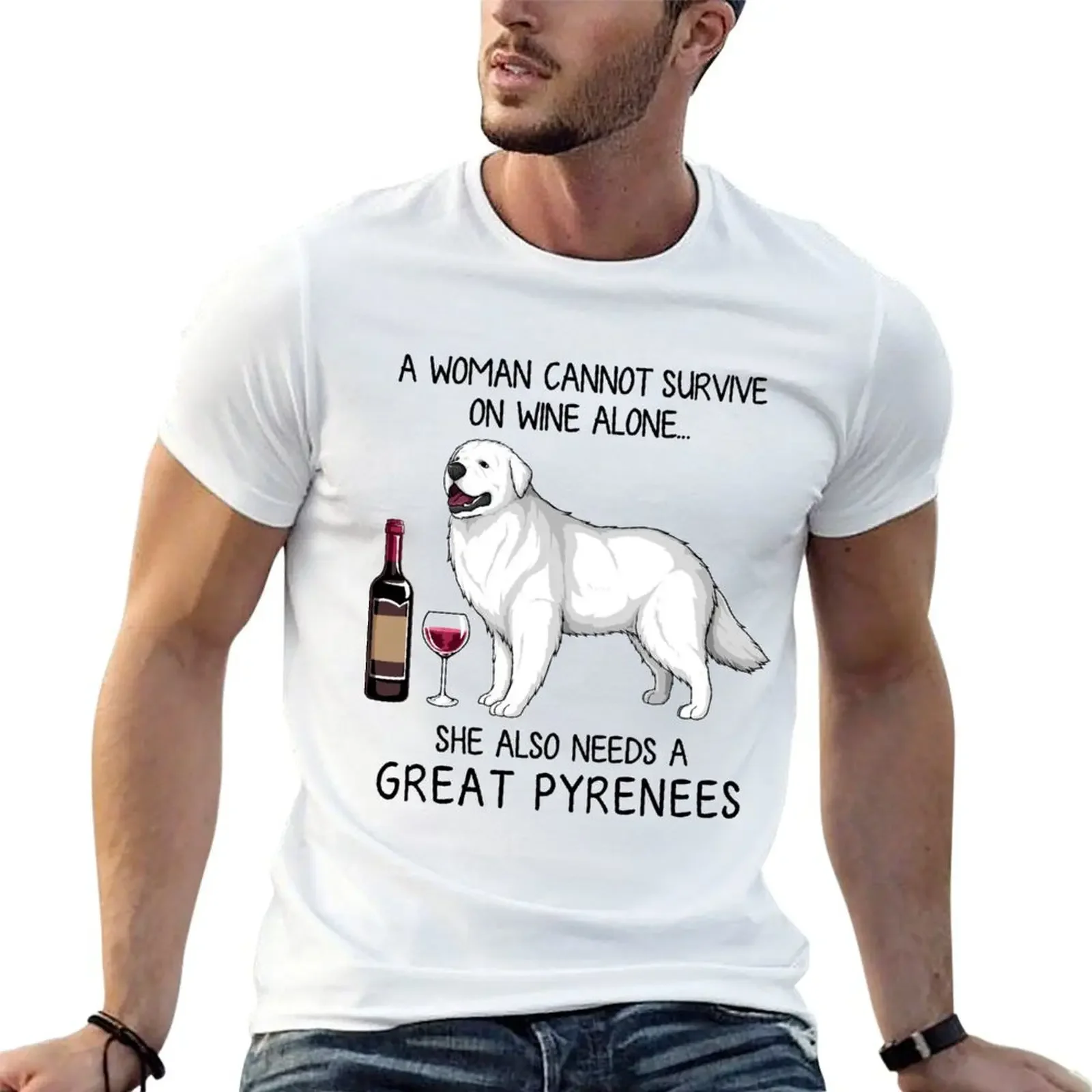 

Great Pyrenees and wine Funny gift for dog mom T-Shirt vintage anime stuff mens cotton t shirts