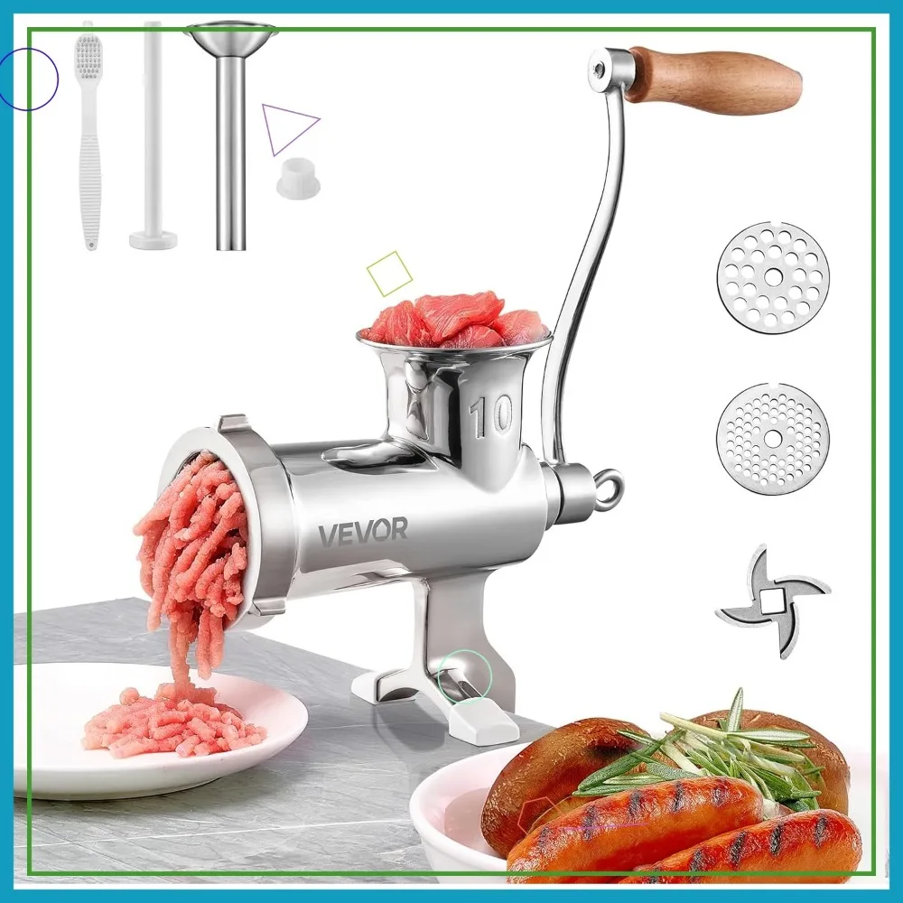 

Manual Stainless Steel Meat Grinder with Clamp, 2 Plates & Sausage Stuffer for Kitchen Use