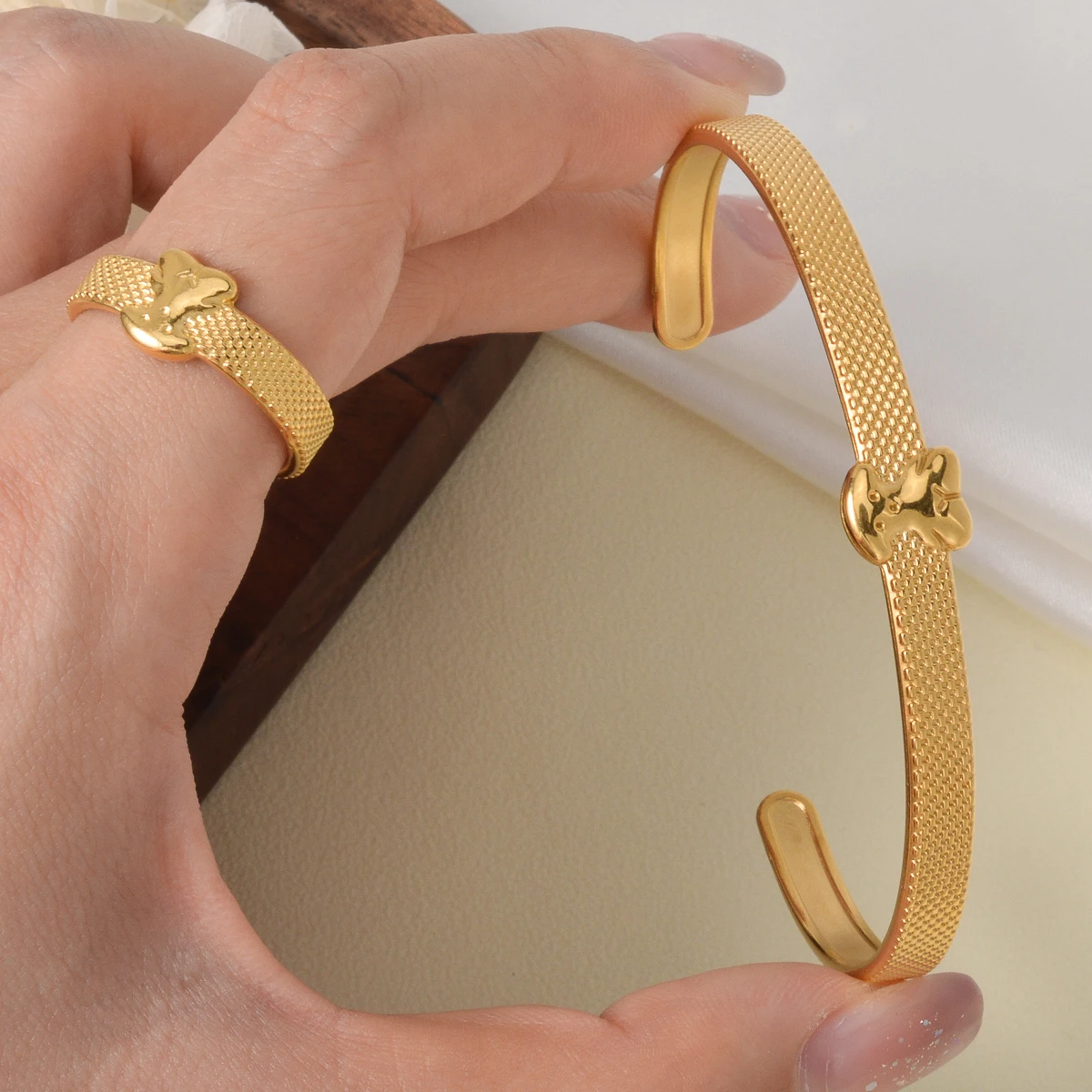 

Kawaii Bear Bracelet Ring Set Stainless Steel Gold Plated Open Cuff Bangle Cute Animal Jewelry Gift for Girls Women Best Friend