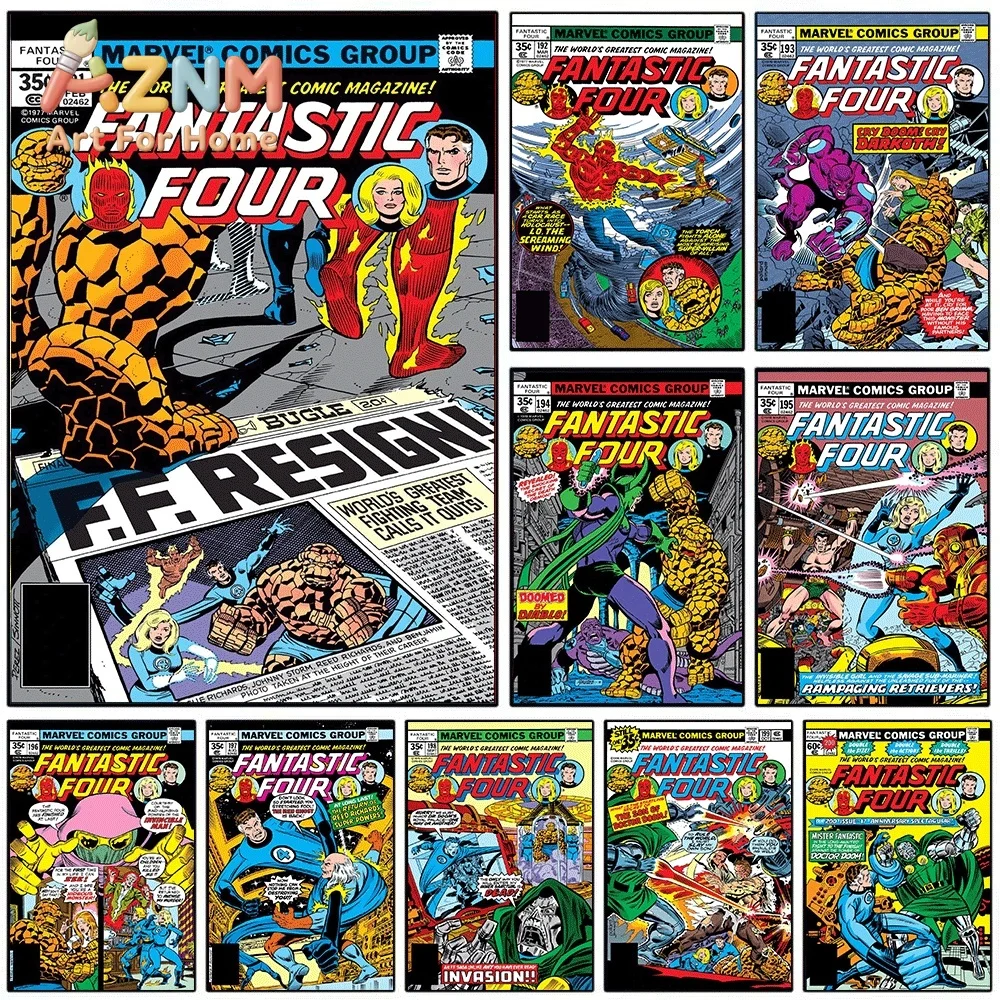 AZNM Fantastic Four FF Resign Vintage Comic Cover Collage Canvas Wall Art Unframed Print, Superhero Poster for Bedroom Living