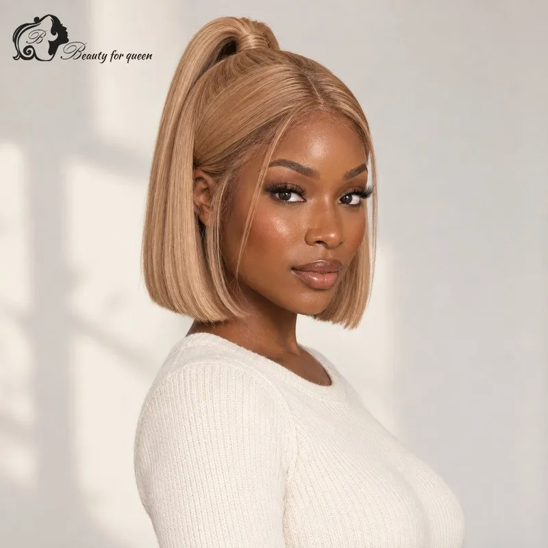 Champagne Straight Lace Front Wig Short Smooth Vivid Silky Voluminous Fluffy Pre Plucked Flawless Heat Friendly Quality Full