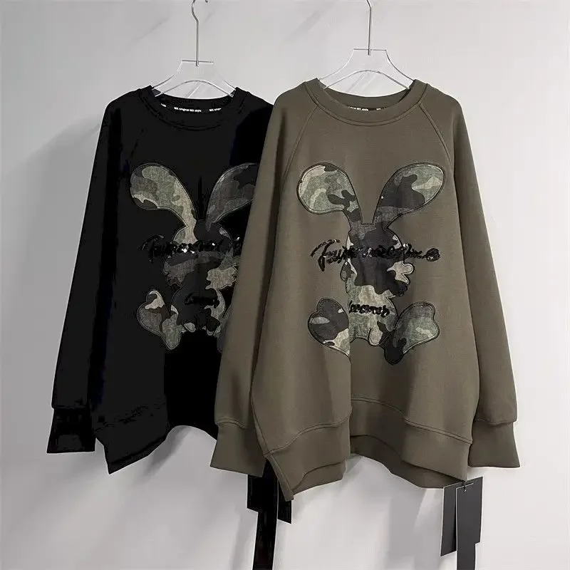 100% Cotton Pullovers Women Fashion Embroidery Cartoon Letter Rabbit Pullover Casual Loose Oversized Tops Autumn Winter Trend