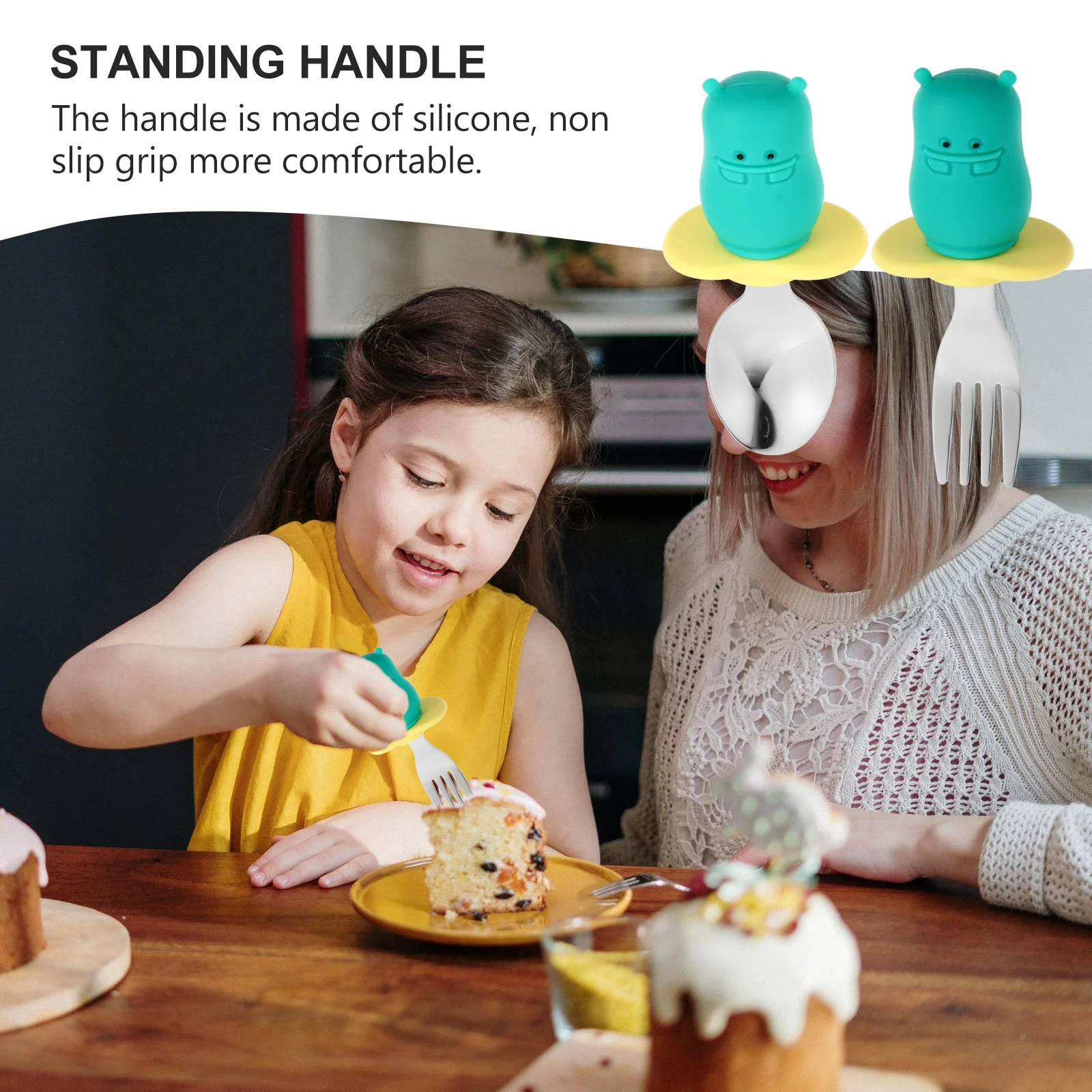 1Set Peralatan Makan Bayi Sendok Garpu Baja Tahan Karat Peralatan Balita Pegangan Anti Selip Bahan Silikon Aman untuk Makan Anak