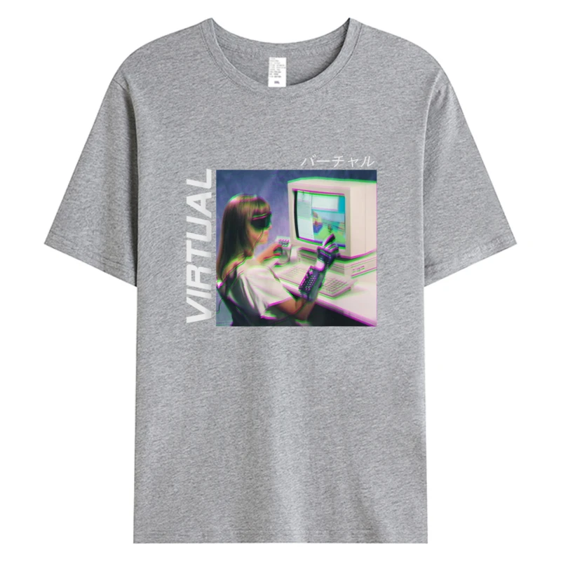 خلل Vaporwave الجمالية الظاهري الرجال تيز نسيج القطن الجدة مصمم نمط الساخن بلايز طباعة تي شيرت الطباعة القمم