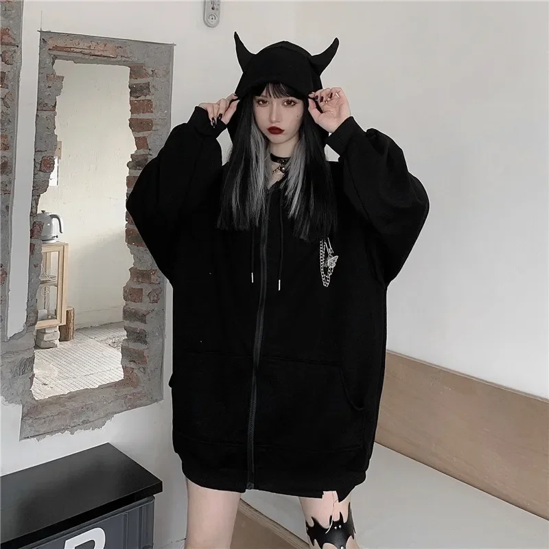 Women\'s Black Devil Horn Hoodies, Harajuku, Punk, Girls, Japanese Pop, Loose Long Sleeve Sweatshirt, Plus Size, Autumn, Winter