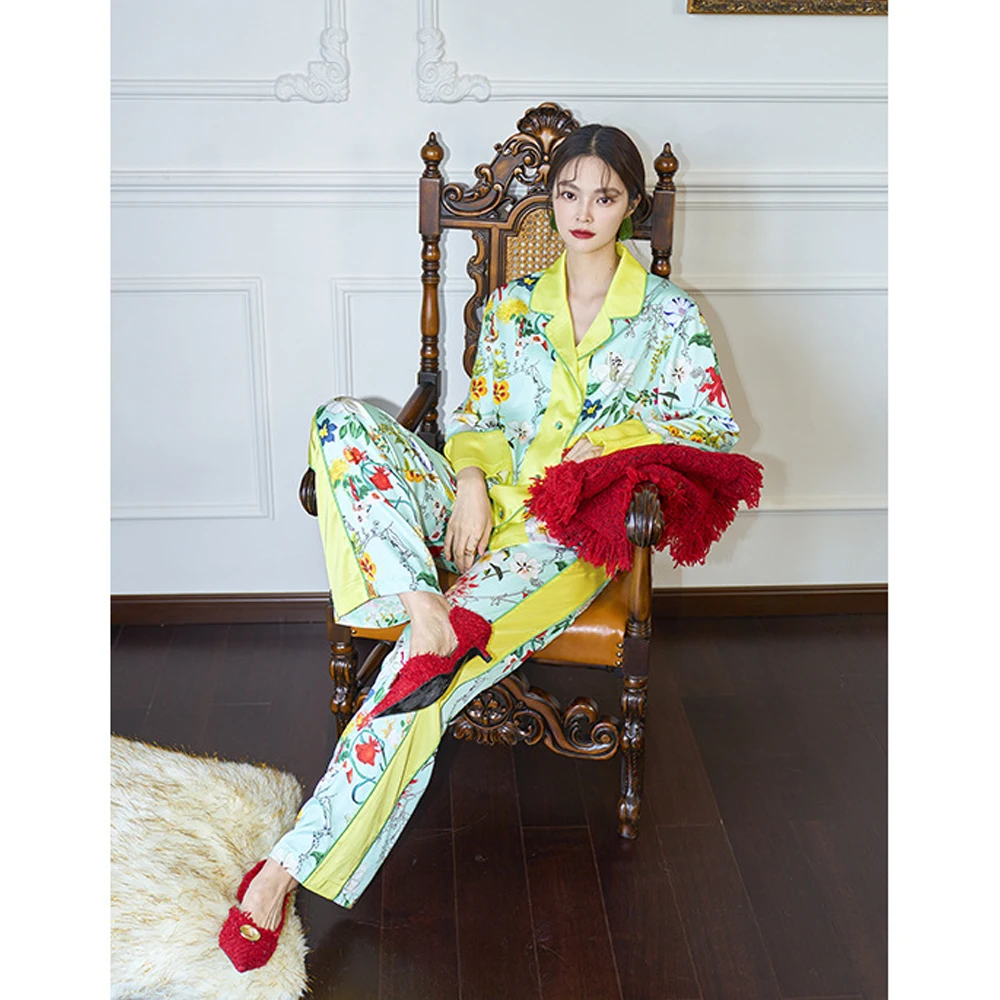 Satin Pajamas Set Spring Autumn Home Suit with Pant Women\'s Green Print Pijama Suit Silk Pijama Set Sleepwear for Female Pyjamas