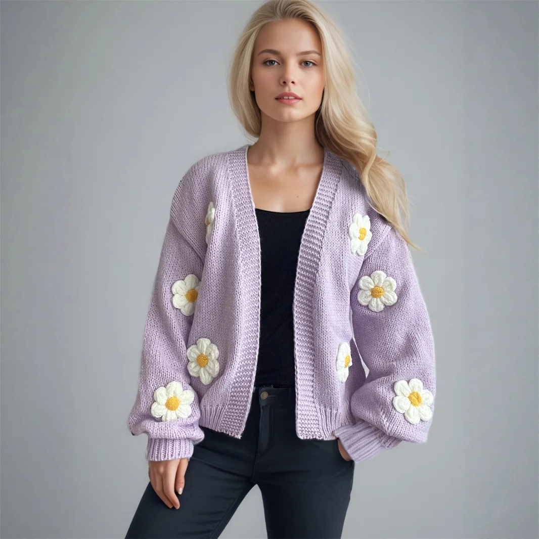 Autumn and Winter New Women's Loose Knitted Cardigan with Cross-border Embroidery Appliqué Pure Color Sweater Jacket