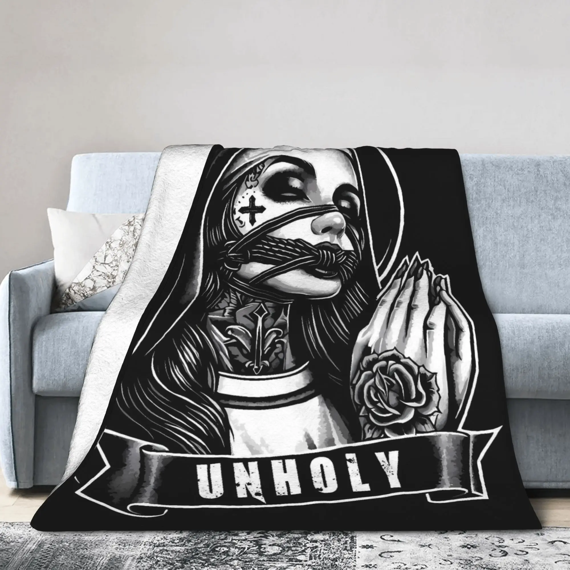 Satanic Bad Evil Nun Tattoo Super Warm Blanket  Picnic Plush Throw Blanket Print Home Decor Flannel Bedspread Sofa Bed Cover