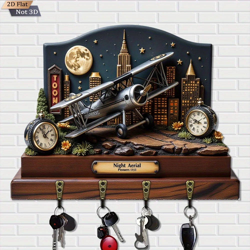 A Vintage 2D Plane City Night Scene Wooden Multifunctional Key Holder for Home Use, Featuring Four Metal Hooks, Suitable for