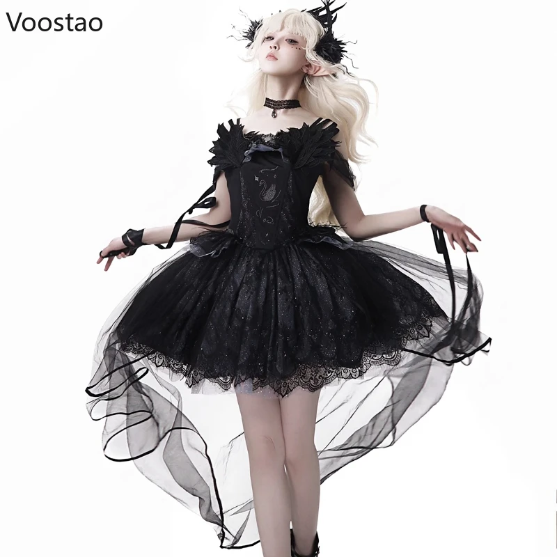 

Мини-платье в японском готическом стиле Лолиты, женское Y2k, лебедь, вышивка, сетчатое вечернее платье с оборками, женские темные платья для косплея на Хэллоуин