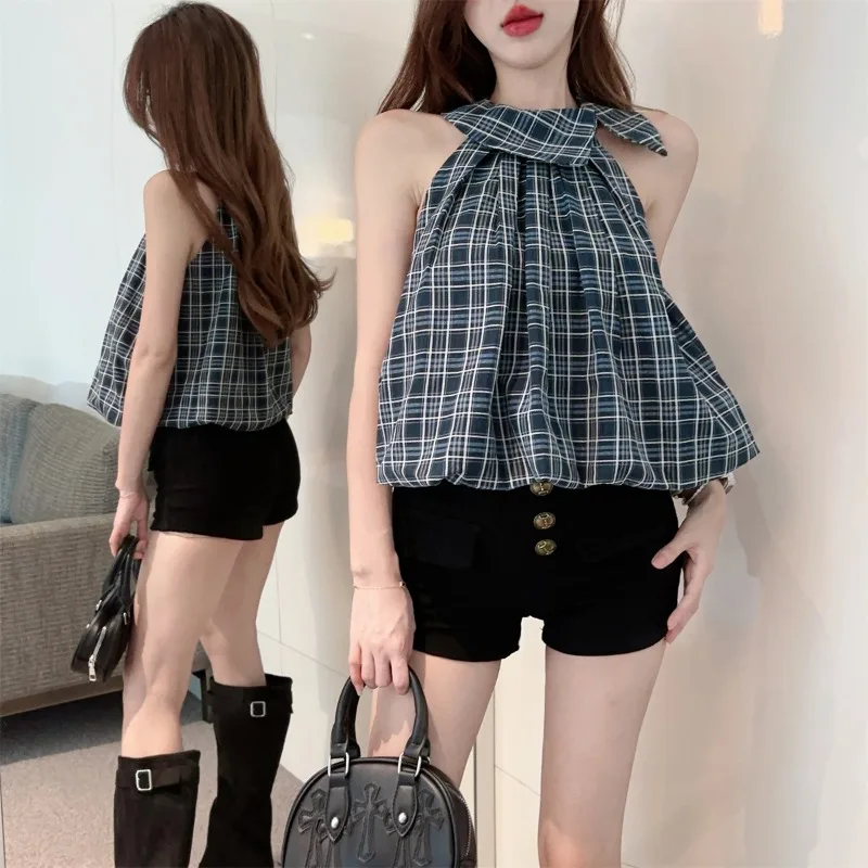 MiiiiX Retro Sweet Plaid Off-shoulder Design Tank Women's Vest Loose Sleeveless Shirt Blouse 2024 Summer Casual Female Clothes