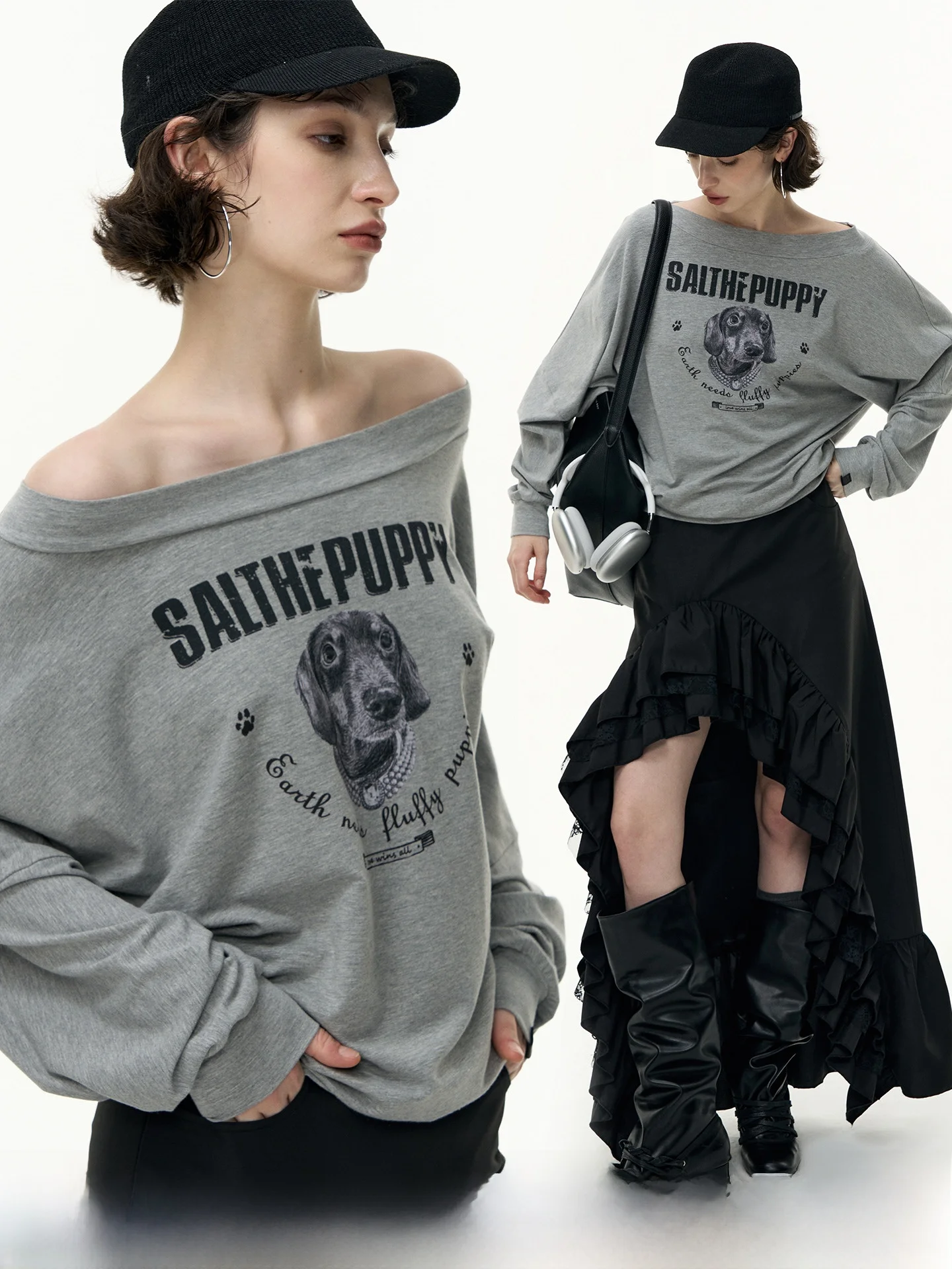 

SaltHe Coffee Sausage Dog Print Long Sve T-irt oulder Baring Top Korean Sle Loose Fit Autumn New Arrival Ladies Faion