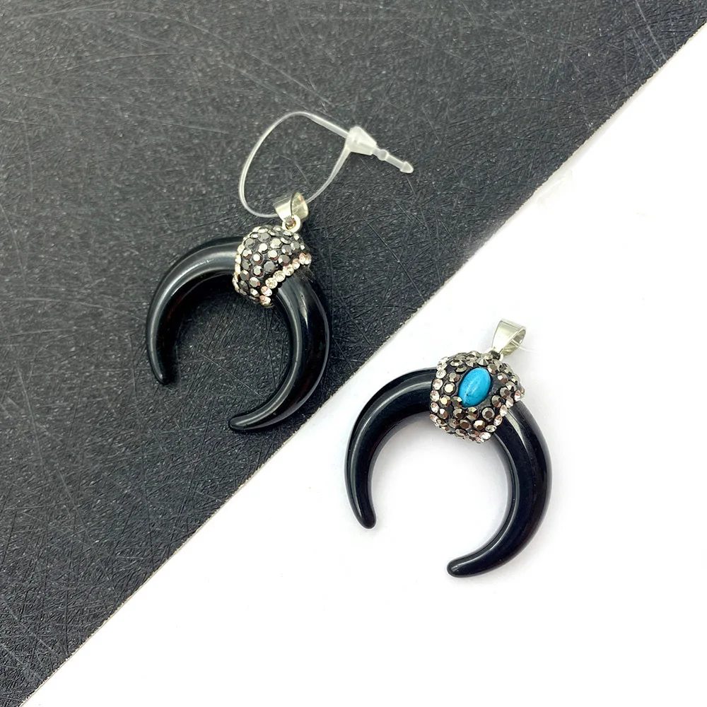 27mm Crescent Natural Resin Ox‑Bone Pendant, Black Rhinestone Inlaid Bead Bail, DIY Ornament Accessories