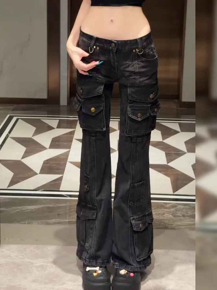 Retro American Washed Denim Jeans Loose Fit Bell Bottoms for Women Low Waist Zipper Closure Four Seasons Pure Color Jeans