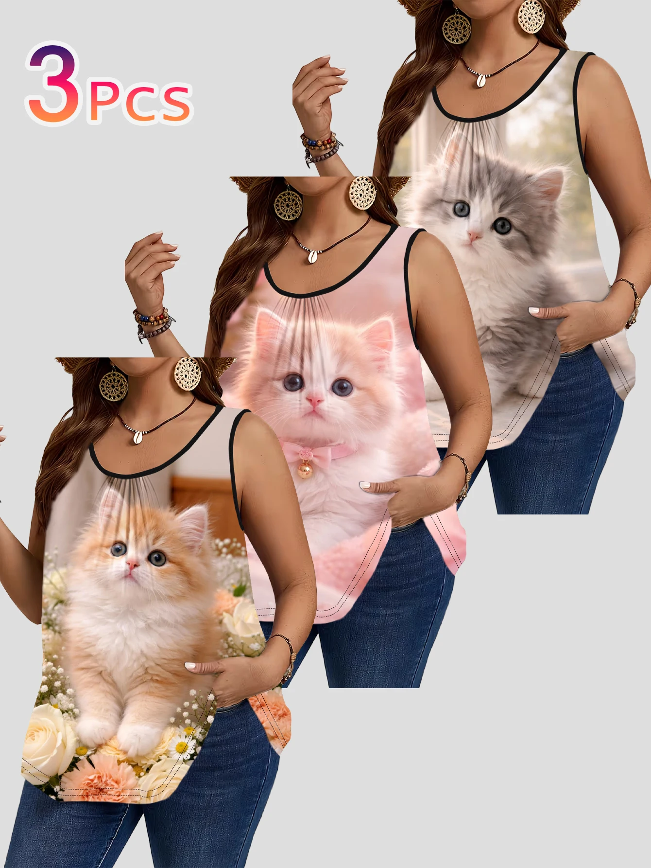 3-Piece Set of Plus-Size Women's Vests, Gentle Pink Series with Cute Cat and Floral Prints, Loose Sleeveless Tops