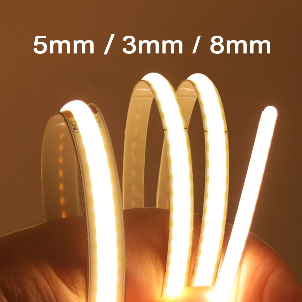 Bande lumineuse LED COB 5V 12V 24V 320 480 384 528 LED, bande Flexible 5mm 3mm 8mm PCB blanc naturel chaud, lumières linéaires haute densité